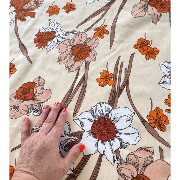 Vintage 70s bedsheet, your choice: flat or fitted; orange, white brown daffodil - Picture 9 of 10